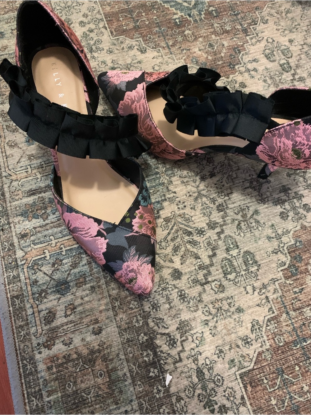 Kelly & Katie Pink Floral Pointed-Toe Heels with Black Ribbon Strap